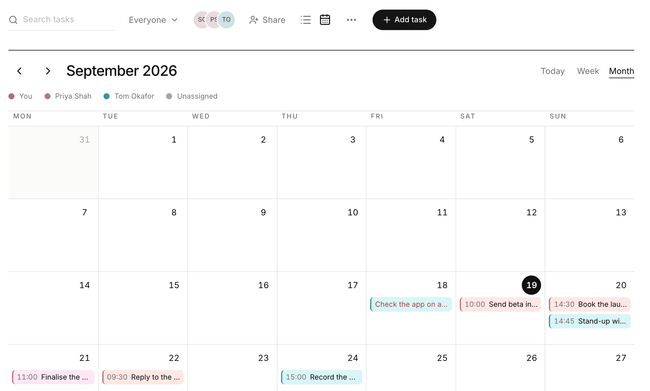 The Launch plan list as a calendar for September 2026, by month. A key shows You, Priya Shah, Tom Okafor and Unassigned in their own colours, and tasks sit on their days in those colours, such as 10:00 Send beta invites on the 19th and 14:45 Stand-up on the 20th.