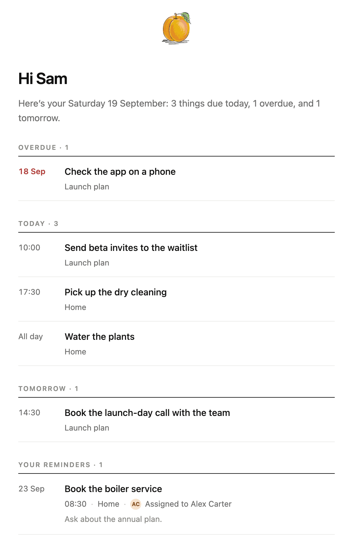 A Your day email: Hi Sam, here's your Saturday 19 September. Overdue: Check the app on a phone. Today: Send beta invites at 10:00, Pick up the dry cleaning at 17:30 and Water the plants all day. Tomorrow: Book the launch-day call at 14:30. Your reminders: Book the boiler service, assigned to Alex Carter.
