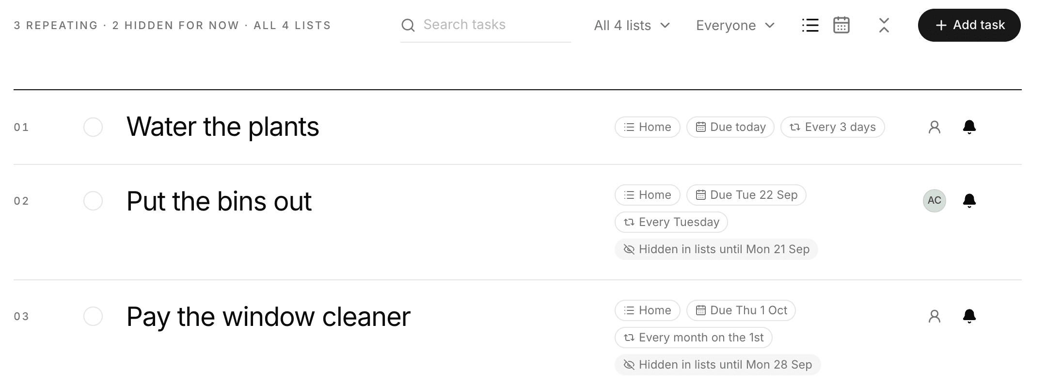 The Recurring page: 3 repeating, 2 hidden for now. Water the plants is due today and repeats every 3 days. Put the bins out repeats every Tuesday and is hidden in lists until Monday 21 September; Pay the window cleaner repeats on the 1st of each month and is hidden until Monday 28 September.