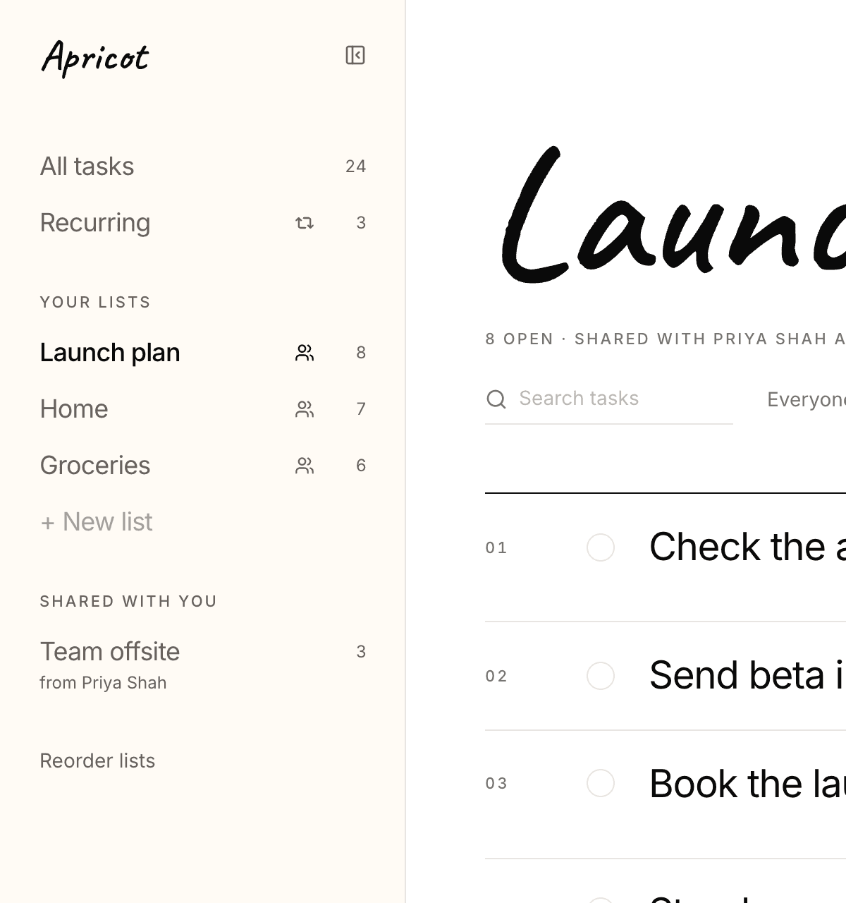 The sidebar beside the Launch plan list: All tasks and Recurring at the top, then Your lists - Launch plan, Home and Groceries, each marked as shared - New list, and under Shared with you, Team offsite from Priya Shah. A button at the top puts the sidebar away.