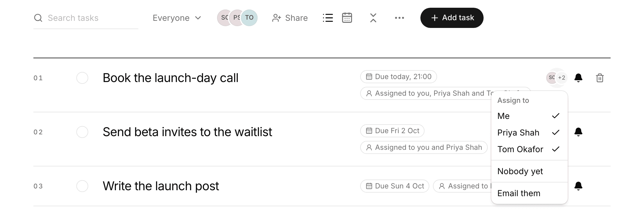 The Launch plan list. Book the launch-day call is assigned to Sam Carter, Priya Shah and Tom Okafor, shown as two small faces and +2. Its menu is open, with Me, Priya Shah and Tom Okafor all ticked, then Nobody yet and Email them.