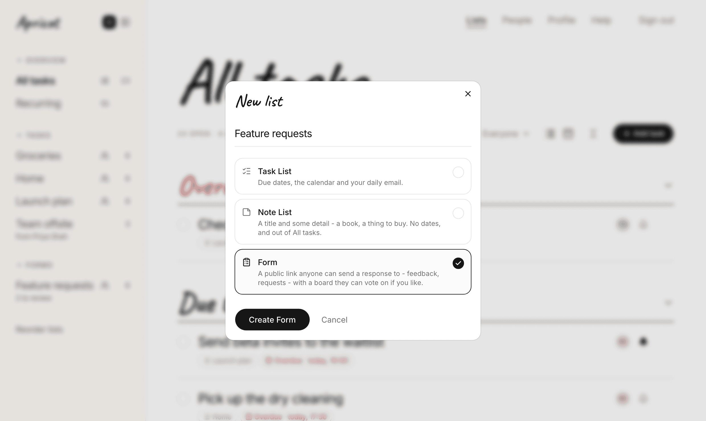 The New list dialog over All tasks, named Feature requests, with three cards - Task List, Note List and Form - and a tick on Form. The button reads Create Form.