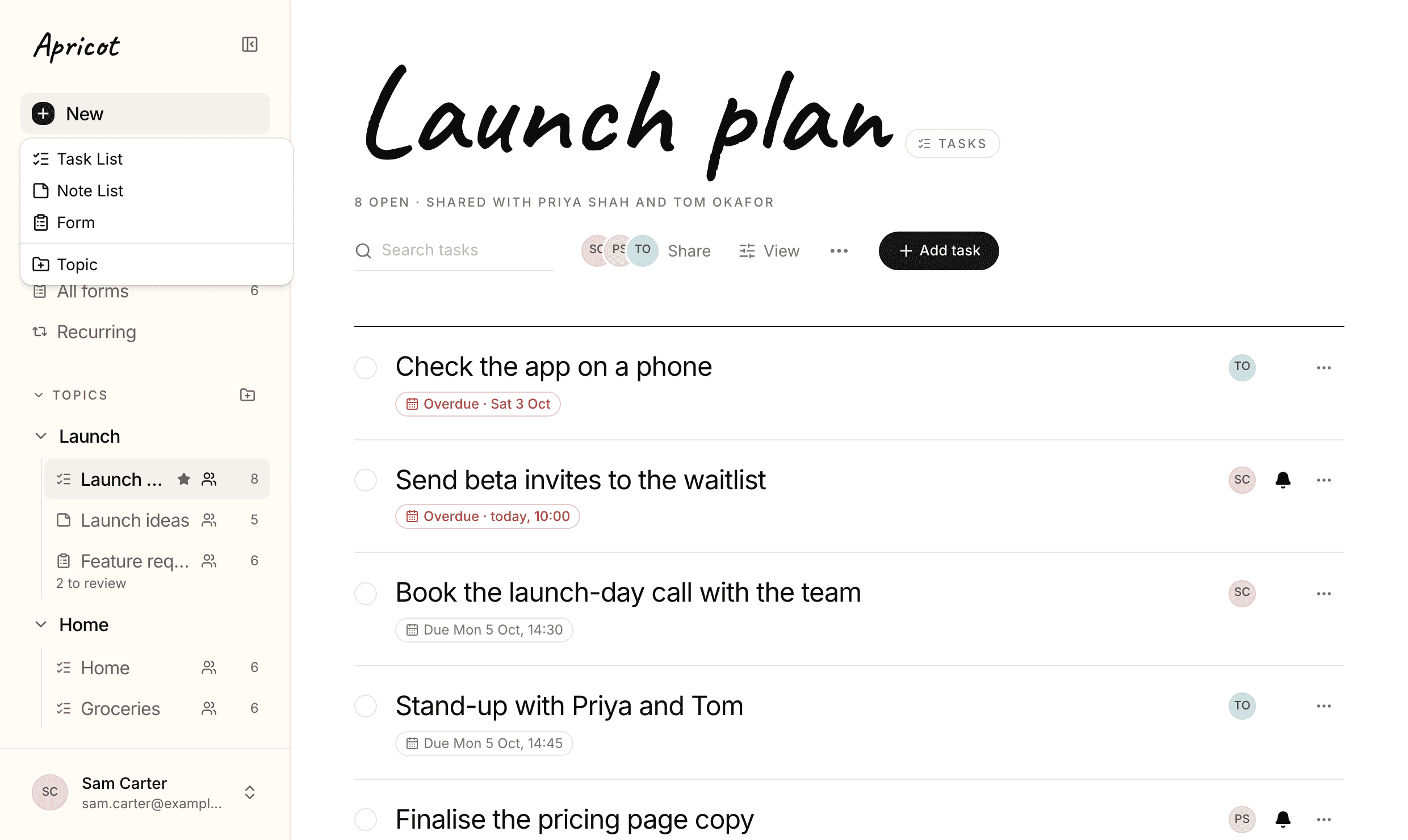 The Launch plan list with the New menu open at the top of the panel, offering Task List, Note List, Form and Topic. Along the top of the list: Search tasks, the faces of the people it's shared with and Share, View, a ••• menu and Add task.