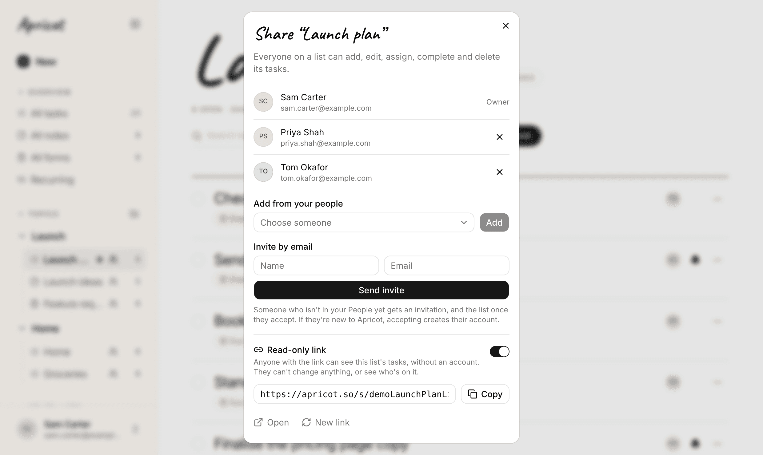 The Share dialog for Launch plan. Under the people on the list, Read-only link is switched on, with the link apricot.so/s/demoLaunchPlanLink01, a Copy button, and Open and New link underneath.
