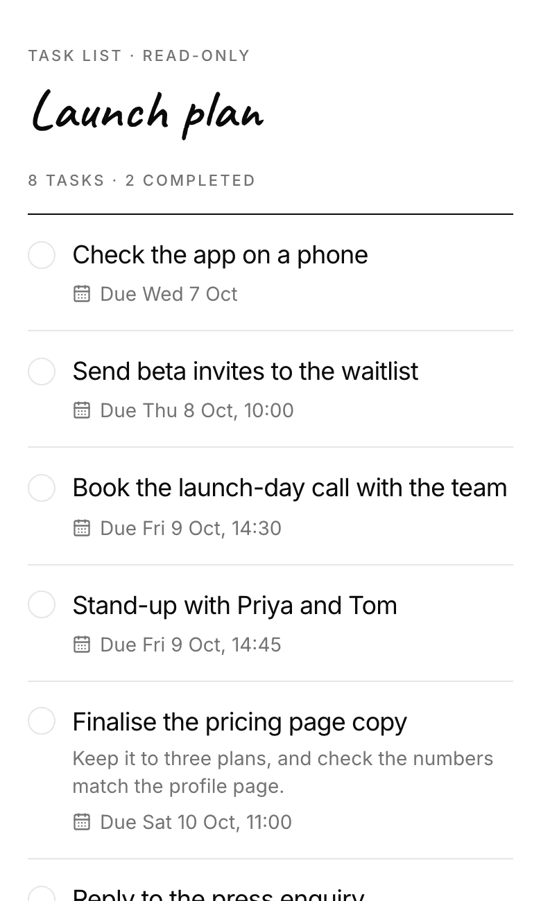 Launch plan opened from its read-only link on a phone: Task List, read-only, 8 tasks and 2 completed, then Check the app on a phone, due Wed 7 Oct, Send beta invites to the waitlist, due Thu 8 Oct at 10:00, and more.