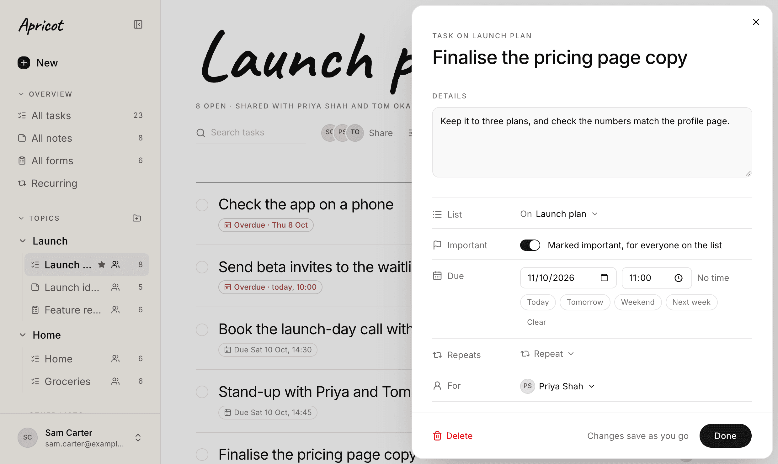 The task Finalise the pricing page copy open beside Launch plan, with Important switched on. At the foot: Delete, Changes save as you go, and Done.