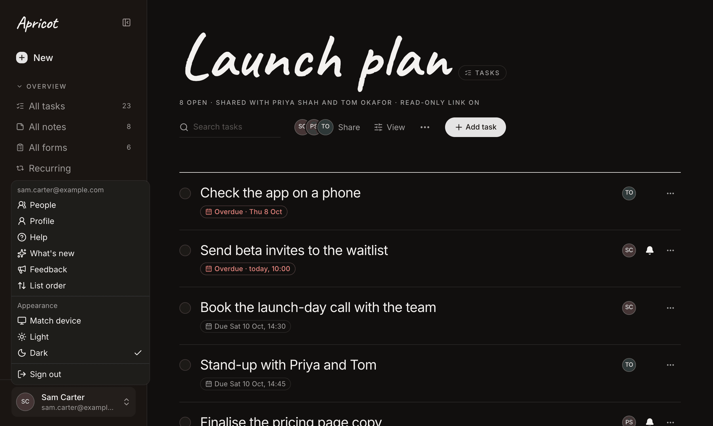 Launch plan in dark mode, with Sam Carter's account menu open. Under Appearance: Match device, Light and Dark, with Dark ticked.