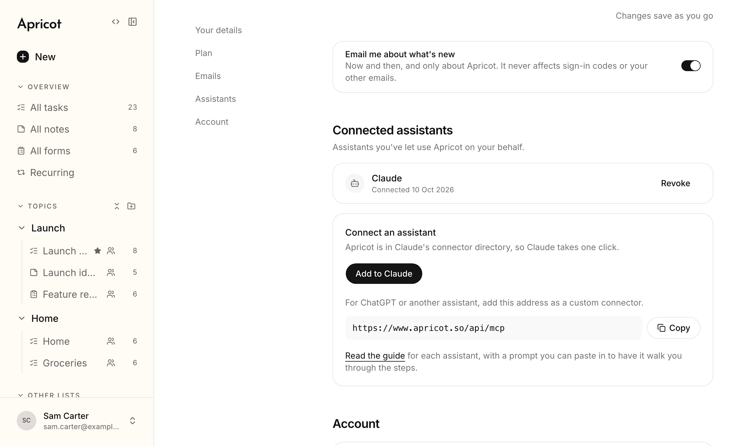 The profile's Connected assistants: Claude, connected 10 Oct 2026, with Revoke. Below, Connect an assistant says Apricot is in Claude's connector directory, with an Add to Claude button, then the address https://www.apricot.so/api/mcp to copy for ChatGPT or another assistant.