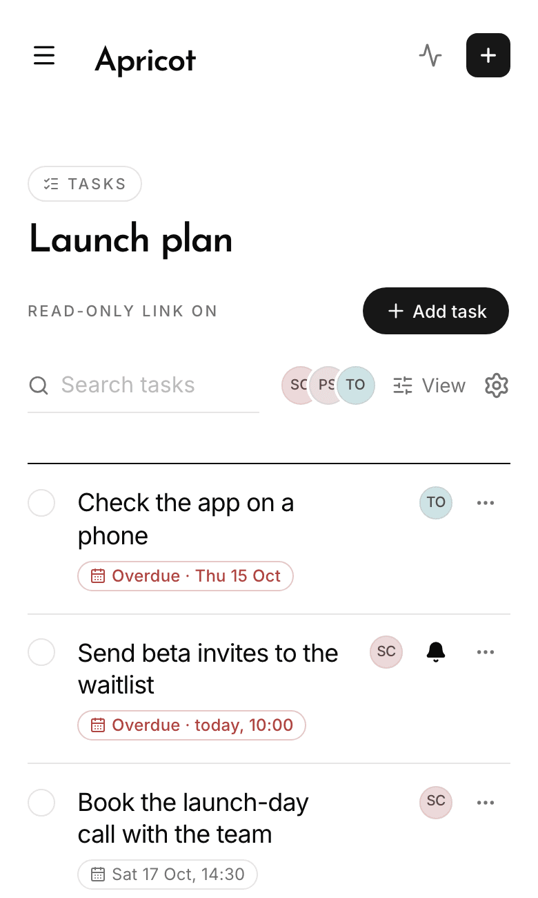 Launch plan on a phone. Under the title, one row holds search, the faces of Sam, Priya and Tom, View and a gear. Below are tasks: Check the app on a phone, overdue, Send beta invites to the waitlist, overdue today at 10:00, and Book the launch-day call with the team on Sat 17 Oct at 14:30.
